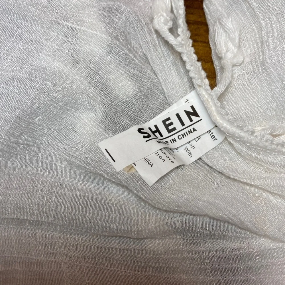 Sheer Boho Scarf Sarong White Crinkle‎ Gauze with Tassel Trim Wrap Beach SHEIN